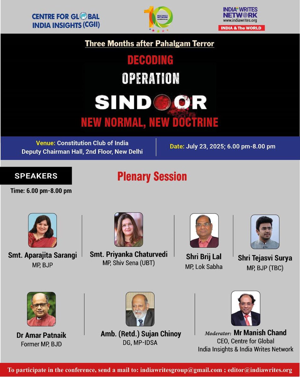 Sujan Chinoy (@sujanchinoy) on Twitter photo Yesterday at the Constitution Club of India, speaking at a seminar on "Decoding #OperationSindoor - New Normal, New Doctrine", organised by <a href="/scepticcryptic/">Manish Chand</a> . With Co-panellists <a href="/AprajitaSarangi/">Aparajita Sarangi, 2nd time MP- LS,Bhubaneswar</a> <a href="/priyankac19/">Priyanka Chaturvedi🇮🇳</a> <a href="/BrijLal_IPS/">Brij Lal</a> and <a href="/Amar4Odisha/">Dr. Amar Patnaik</a> Yesterday at the Constitution Club of India, speaking at a seminar on "Decoding #OperationSindoor - New Normal, New Doctrine", organised by <a href="/scepticcryptic/">Manish Chand</a> . With Co-panellists <a href="/AprajitaSarangi/">Aparajita Sarangi, 2nd time MP- LS,Bhubaneswar</a> <a href="/priyankac19/">Priyanka Chaturvedi🇮🇳</a> <a href="/BrijLal_IPS/">Brij Lal</a> and <a href="/Amar4Odisha/">Dr. Amar Patnaik</a>