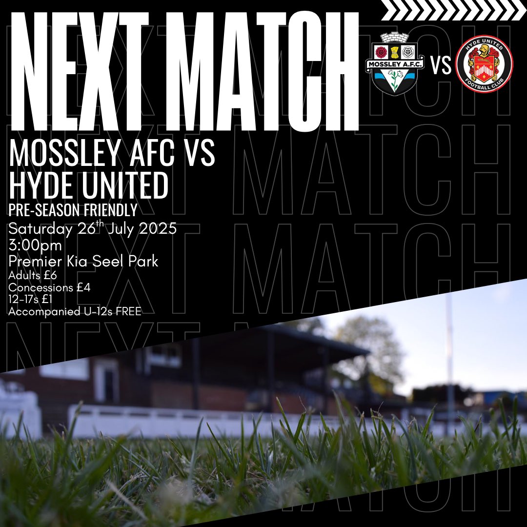 MossleyAFC's tweet image. 𝙎𝙖𝙩𝙪𝙧𝙙𝙖𝙮: 𝙃𝙮𝙙𝙚 𝙐𝙣𝙞𝙩𝙚𝙙 (𝙝)
We round-off our pre-season schedule with a home friendly against @hydeunited this Saturday.
It’s new kit day too - come along and spend the afternoon with us!
⚪️⚫️