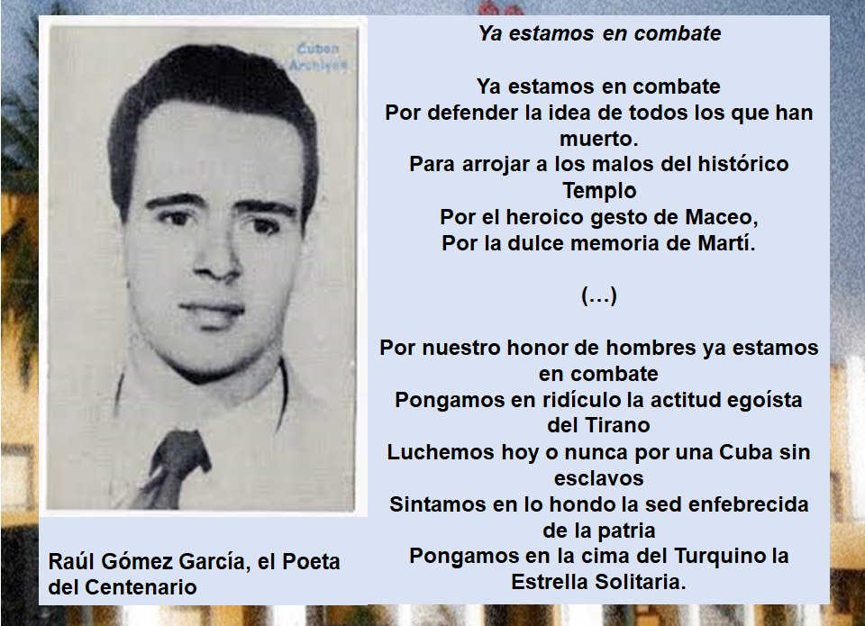 CamiloYanes1998's tweet photo. 📜🎙️ Raúl Gómez García, poeta que encendió el combate 🔥 La noche antes del asalto leyó su poema y entonaron el himno 🇨🇺🎶 Lucharon con manos y corazón.
#Cuba
#Modo26
#CubaViveEnSuHistoria https://t.co/4vdbhPfsRS