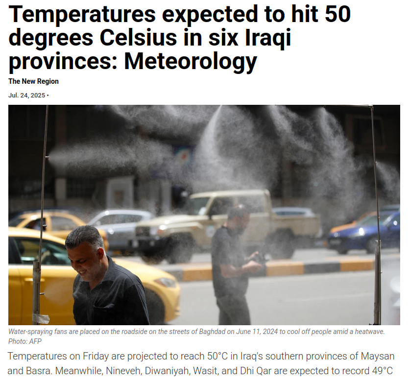 Lanceloadin's tweet image. Killer temperatures set to hit several places in Iraq as the mercury creeps up to levels rarely seen even in the Middle East - with several major towns, including Baghdad expected to hit 48ºC (118.4F) on Friday.
Iraq is facing a brutal summer - with soaring temperatures,…