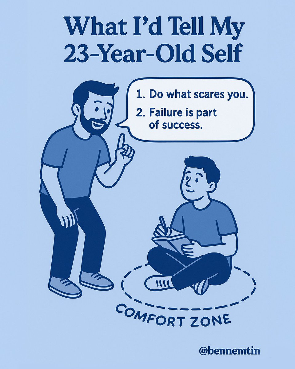 BenNemtin's tweet image. If I could talk to my 23-year-old self, I’d tell him 2 things:
1. The things you’re most afraid to do are likely exactly what you need to do.
Your comfort zone's a beautiful place, but nothing grows there.
2. Failure isn’t the opposite of success; it’s part of it.
I used to…