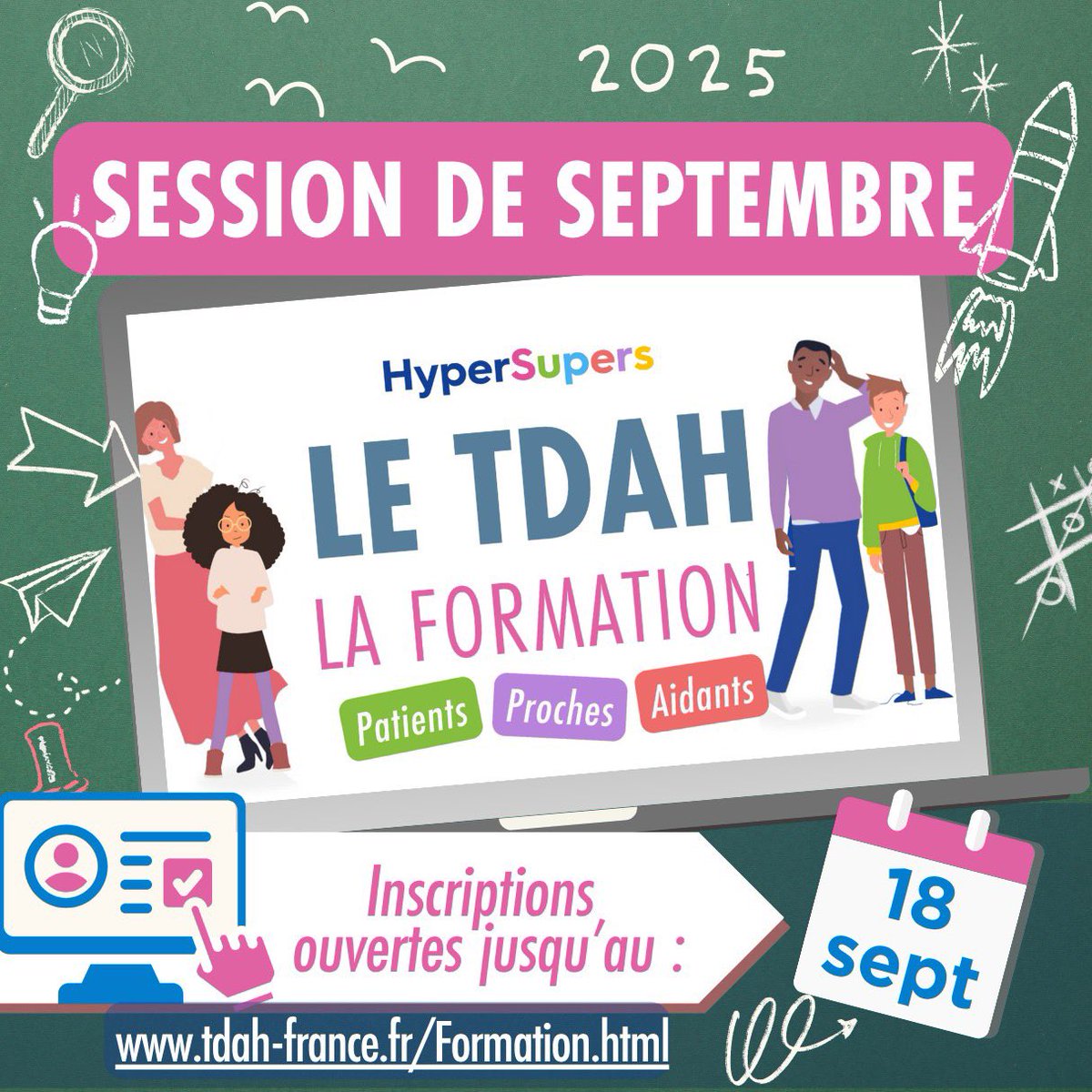 📅 Prochaine session de formation prévue le 25/09
➡️ Clôture des inscriptions le 18 septembre à minuit.
➡️ Objectifs:
 👉 Fournir une bonne connaissance du #TDAH 
👉 Donner des pistes, favoriser l'accompagnement.
👉 Favoriser le "Mieux vivre avec un TDAH"
tdah-france.fr/Formation.html