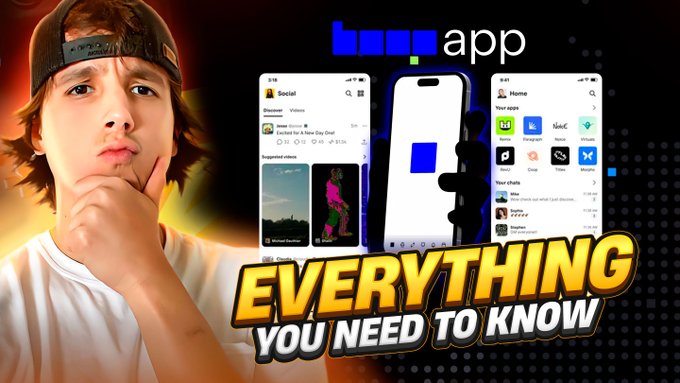 Base App promotional image with a curious young person and app interface