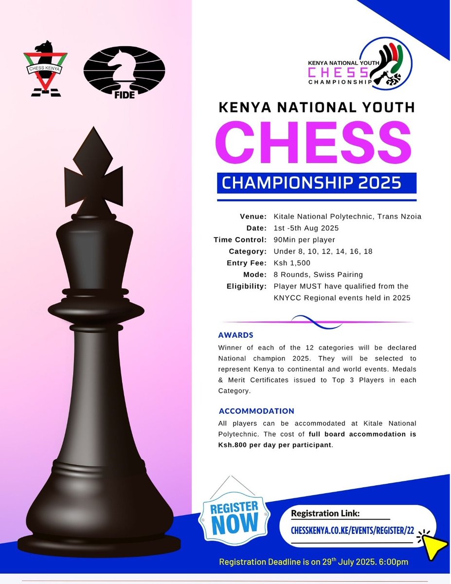 Genevieve Maashao (@gmaashao) on Twitter photo Let’s meet in Kitale for Kenya National Youth Chess Championship 2025 from 1st – 5th August.
<a href="/MeetsKids/">Business Meets Chess & Kids</a> <a href="/GMCarlsson/">Pontus Carlsson</a> <a href="/Jamie_Kanango/">Jamie</a> <a href="/JamieCole_04/">Jamie-Nicole Beukes</a> <a href="/MercyIngado1/">Mercy Ingado</a> <a href="/Yve_chessqueen/">Yve_chessqueen</a> <a href="/LishenMentile/">Lishen Mentile</a> <a href="/ZuriTatiina/">Zuri Tumwesigye</a> <a href="/hannahmawejje/">Hannah Mawejje</a> <a href="/TandekaShiloh/">Tandeka Shiloh</a> <a href="/TChessdoctor/">Chessdoctor</a> <a href="/Lighthouse_msa/">Lighthouse Chess Club Mombasa</a> Let’s meet in Kitale for Kenya National Youth Chess Championship 2025 from 1st – 5th August.
<a href="/MeetsKids/">Business Meets Chess & Kids</a> <a href="/GMCarlsson/">Pontus Carlsson</a> <a href="/Jamie_Kanango/">Jamie</a> <a href="/JamieCole_04/">Jamie-Nicole Beukes</a> <a href="/MercyIngado1/">Mercy Ingado</a> <a href="/Yve_chessqueen/">Yve_chessqueen</a> <a href="/LishenMentile/">Lishen Mentile</a> <a href="/ZuriTatiina/">Zuri Tumwesigye</a> <a href="/hannahmawejje/">Hannah Mawejje</a> <a href="/TandekaShiloh/">Tandeka Shiloh</a> <a href="/TChessdoctor/">Chessdoctor</a> <a href="/Lighthouse_msa/">Lighthouse Chess Club Mombasa</a>