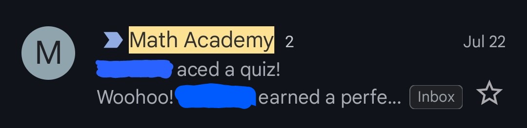 unrealNadja's tweet image. My little kid is so motivated to finish his current Math Academy course before we go on vacation that I&apos;m now sometimes getting two of those emails a day. I still can&apos;t believe that as recently as December, before we found MA, he claimed he hated math.