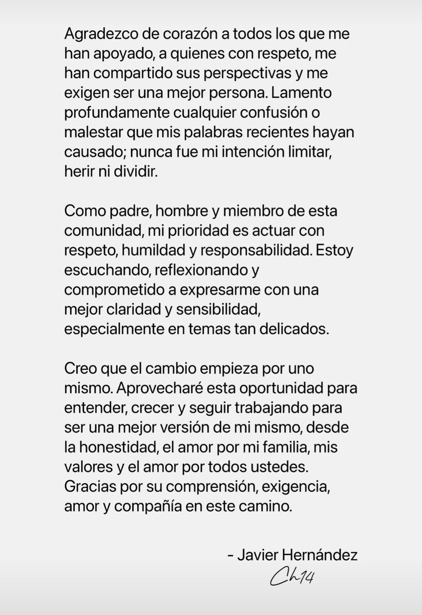omardepor's tweet image. Chicharito:
"Nunca fue mi intención limitar, herir ni dividir"
@CH14_ emitió este comunicado luego de anunciarse la multa que le impuso la FMF y "la aplicación del reglamento interno" de las @Chivas, por sus comentarios que fueron calificados como "violencia mediática" 👇