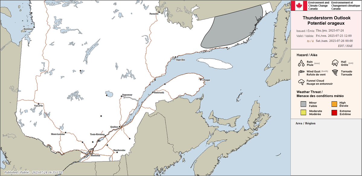 ECCC Weather Quebec (@ecccweatherqc) on Twitter photo Thunderstorm outlooks for Quebec valid tonight and tomorrow, July 25.
Any report of damage can be sent to Environment and Climate Change Canada using #QCstorm or by emailing QCstorm@ec.gc.ca. Thunderstorm outlooks for Quebec valid tonight and tomorrow, July 25.
Any report of damage can be sent to Environment and Climate Change Canada using #QCstorm or by emailing QCstorm@ec.gc.ca.