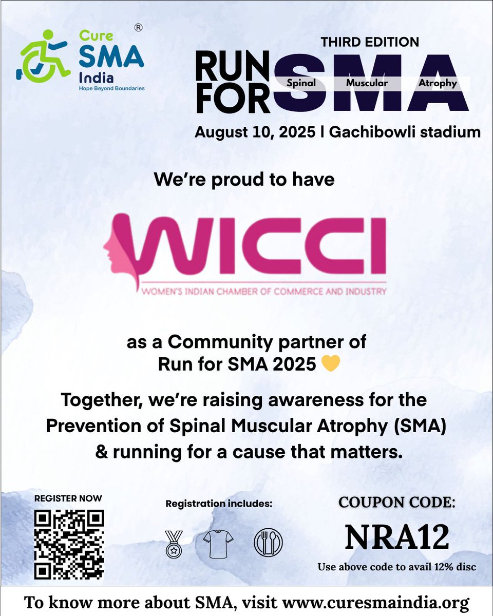 Anupama_Dalmia's tweet photo. We are the Community Partner for the 3rd Edition of Run for SMA (Spinal Muscular Atrophy). Join us on Aug 10 at Gachibowli Stadium, Hyderabad to run for awareness, action &amp; every SMA warrior. Let's be #SMAart. Register now:
https://t.co/Bf3HenNiCw
#RunForSMA #WICCI #CureSMAIndia https://t.co/14beffixnI