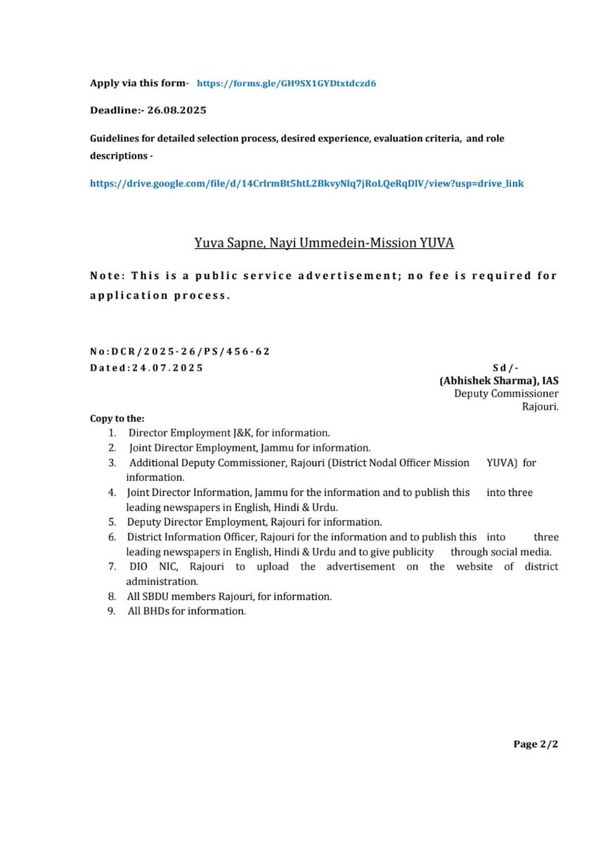 District Admn Rajouri (@dmrajouri) on Twitter photo District Adm. #Rajouri invites online applications for contractual positions under #MissionYUVA
Apply via Google link in the advertisement notice
π
Last date: 26.08.2025
Link for eligibility, experience & role given in the notice.
<a href="/diprjk/">Information & PR, J&K</a> <a href="/dmrajouri/">District Admn Rajouri</a> <a href="/Abhi1shrma/">Abhishek Sharma</a>
<a href="/Shahzad_2702/">Shahzad Alam IAS</a> District Adm. #Rajouri invites online applications for contractual positions under #MissionYUVA
Apply via Google link in the advertisement notice
π
Last date: 26.08.2025
Link for eligibility, experience & role given in the notice.
<a href="/diprjk/">Information & PR, J&K</a> <a href="/dmrajouri/">District Admn Rajouri</a> <a href="/Abhi1shrma/">Abhishek Sharma</a>
<a href="/Shahzad_2702/">Shahzad Alam IAS</a>