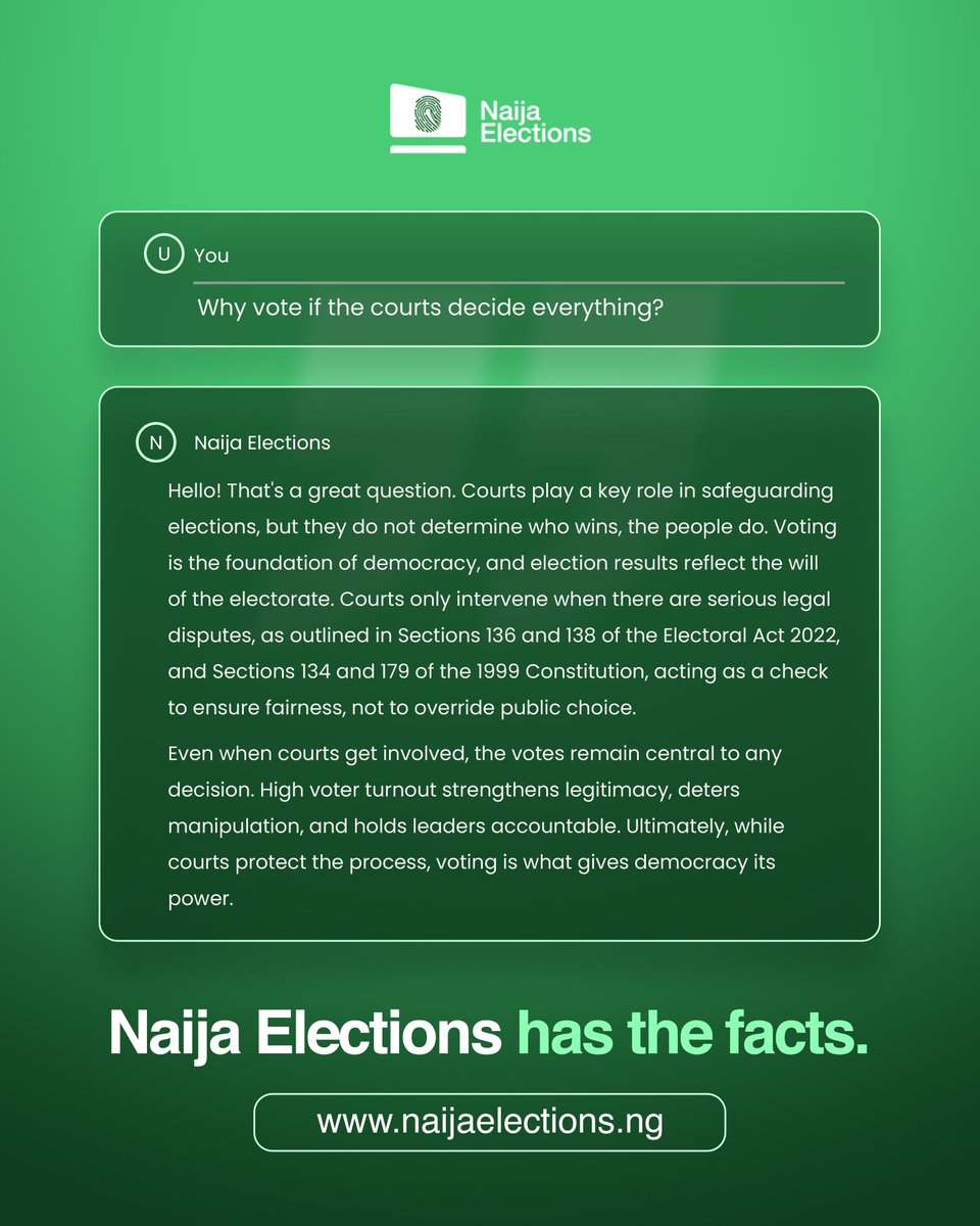 KDI_ng's tweet image. You voted, but the court overturned the result, but you don't know why.
With Naija Elections, you can find out how Nigeria’s electoral tribunal system works and what reforms are being proposed.
Visit and ask naijaelections.ng
@UKinNigeria
#NaijaElections…