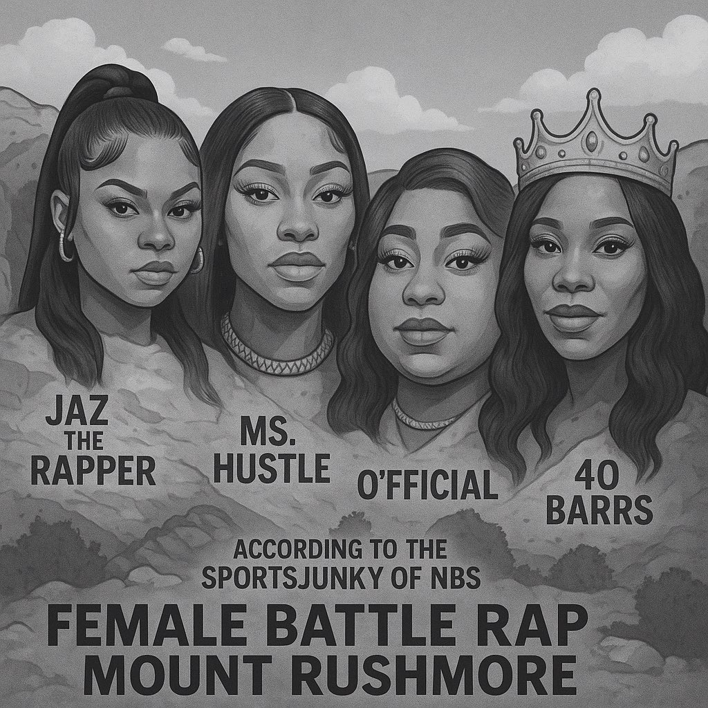 Nothing But Sports (@nbscentral) on Twitter photo NBS member <a href="/IamTrueX/">SportsJunky</a> gives you his female MT.Rushmore for female BATTLERAP. Do you agree with him?
<a href="/JazTheRapper/">2X WOTY 😘</a>
<a href="/MSHUSTLE1271/">🇬🇾 MOST HATED🦍🎀</a>
<a href="/OfficialRealRap/">GOAT’fficial</a>
<a href="/40BARRSBOSTON/">KELLY SAMUELS</a> NBS member <a href="/IamTrueX/">SportsJunky</a> gives you his female MT.Rushmore for female BATTLERAP. Do you agree with him?
<a href="/JazTheRapper/">2X WOTY 😘</a>
<a href="/MSHUSTLE1271/">🇬🇾 MOST HATED🦍🎀</a>
<a href="/OfficialRealRap/">GOAT’fficial</a>
<a href="/40BARRSBOSTON/">KELLY SAMUELS</a>