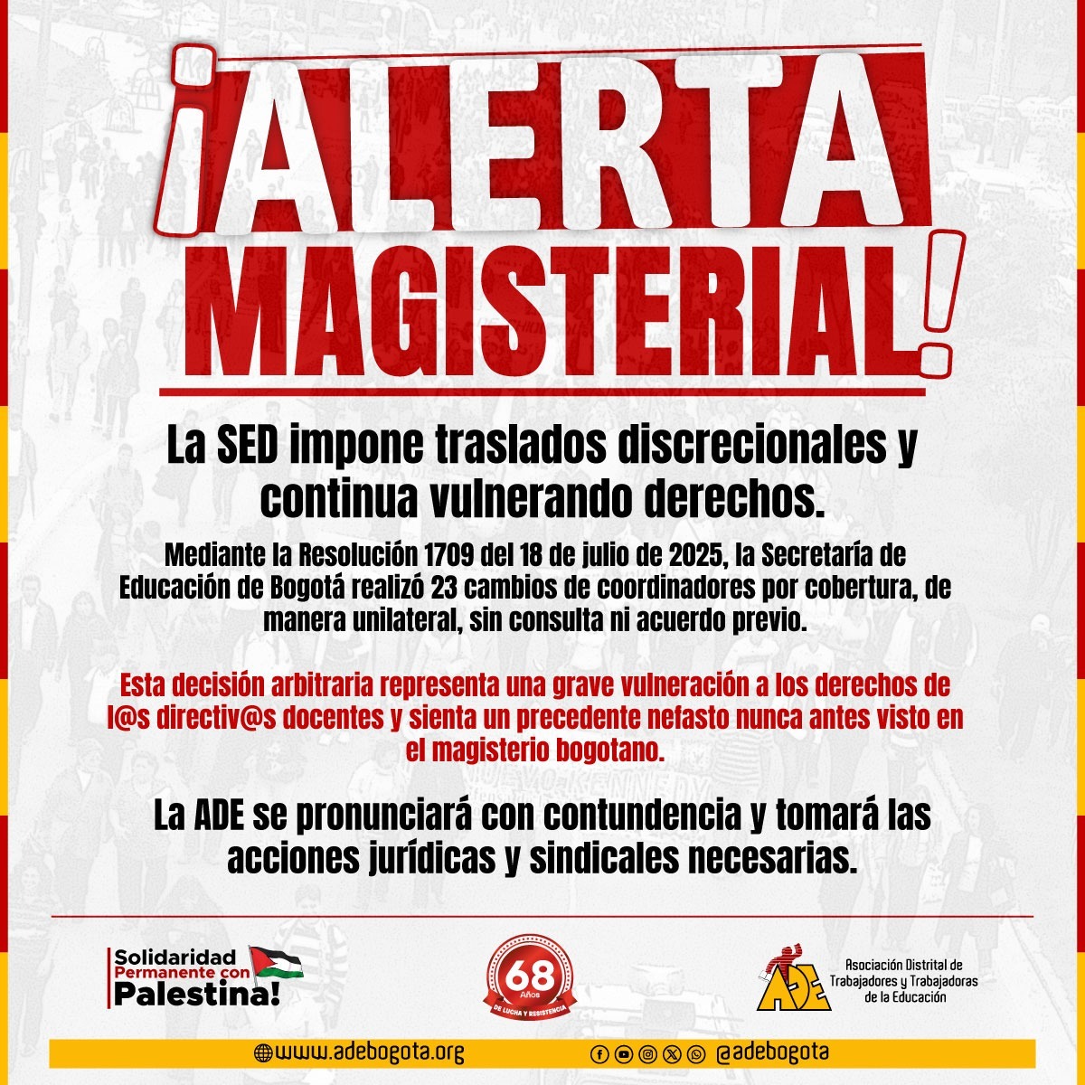 adebogota's tweet image. ๐จ ยก๐๐๐๐๐๐ ๐๐๐๐๐๐๐๐๐๐๐!
La SED impone traslados arbitrarios y vulnera los derechos de l@s directiv@s docentes.
Mediante la Resoluciรณn 1709 del 18 de julio de 2025, ordenรณ 23 cambios discrecionales sin consulta ni acuerdo previo.
โ ยกEs un grave precedenteโฆ