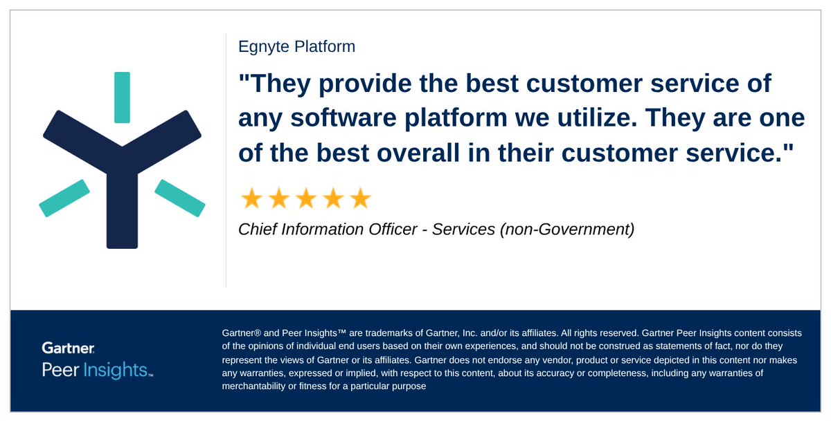 Chief  Information  Officer in the Services (non-Government) Industry gives Egnyte Platform 5/5 Rating in Gartner Peer Insights™ Document Management Market. Read the full review here: bit.ly/44JULuK #gartnerpeerinsights