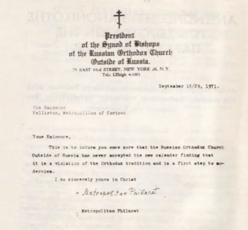 Unseen_Warfare1's tweet image. LETTER OF ST. PHILARET OF NEW YORK TO METROPOLITAN EPIPHANIUS OF KITION
On September 20, 1975, St. Philaret wrote to Metropolitan Epiphanius of Kition, the leader of the Old Calendarist Church of Cyprus, with whom he continued to have friendly relations even after the Matthewite…