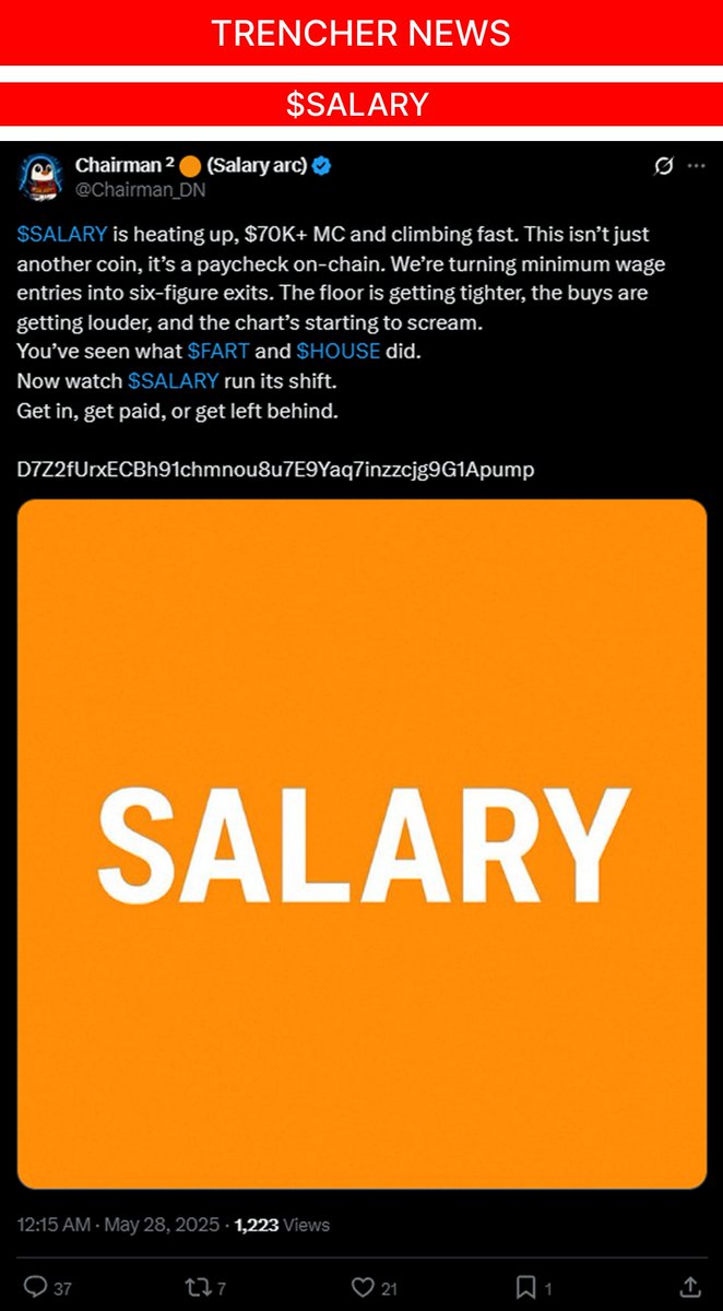 Trencher_News's tweet image. This ain’t a pump, it’s a promotion
$SALARY just printed overtime gains
@Chairman_DN started the shift
Now the floor’s flooded with applications. 🧡📈