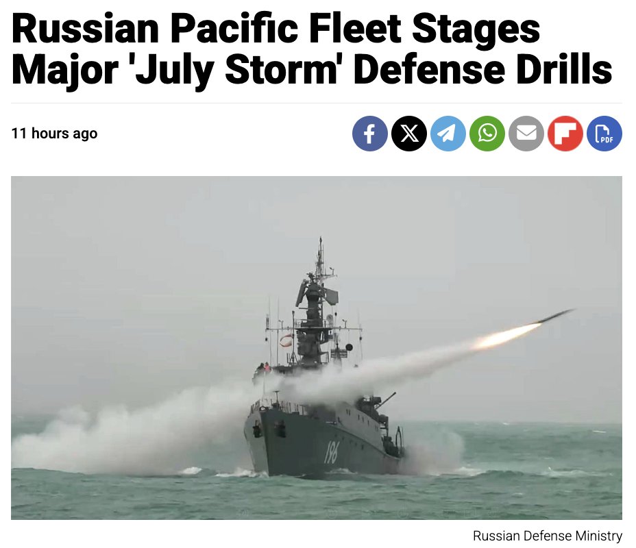 Russian Pacific Fleet launches exercise "July Storm"

• 150 warships + support vessels
• 15,000+ troops from all 4 major fleets
• 120 aircraft; 10 coastal missile systems
• Pacific, Arctic, Baltic, + Caspian regions

The series of major naval drills from 23-27 July is aimed