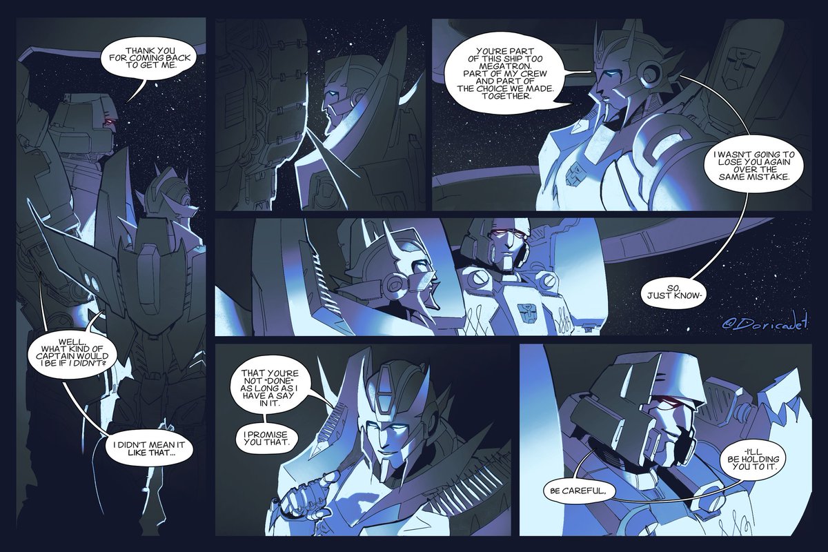doricadet's tweet image. Day 4: Protective
Something quick set after the quantum Lost light ending, in which the crew managed to find themselves in yet another scenario where leaving Megs behind was a possibilty. Rodimus made his choice (he's trying for real this time)
#megarodweek2025