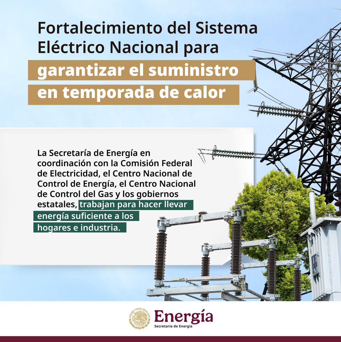 SENER_mx's tweet image. Para atender la demanda de energía ⚡ durante la temporada de calor ☀️, la #SENER en coordinación con la @CFEmx y el @CENAGAS_mx 🫱🏻🫲🏼 realizaron diversas acciones para robustecer el Sistema Eléctrico Nacional y garantizar el suministro a todas las familias mexicanas 👨👨👧👦💡.