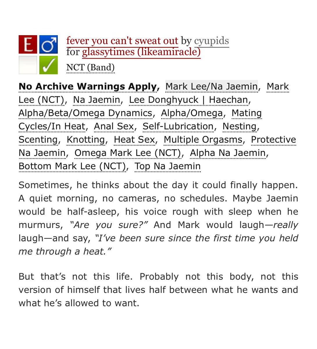 🌤️ fever you can't sweat out

• #markmin rated E 11.2k for <a href="/gIassytimes/">🌟</a> 
• alpha/beta/omega dynamics, omega!mk alpha!jm, canon compliant heat fic
• jm takes care of mk during his heat...

🔗: archiveofourown.org/works/68050606