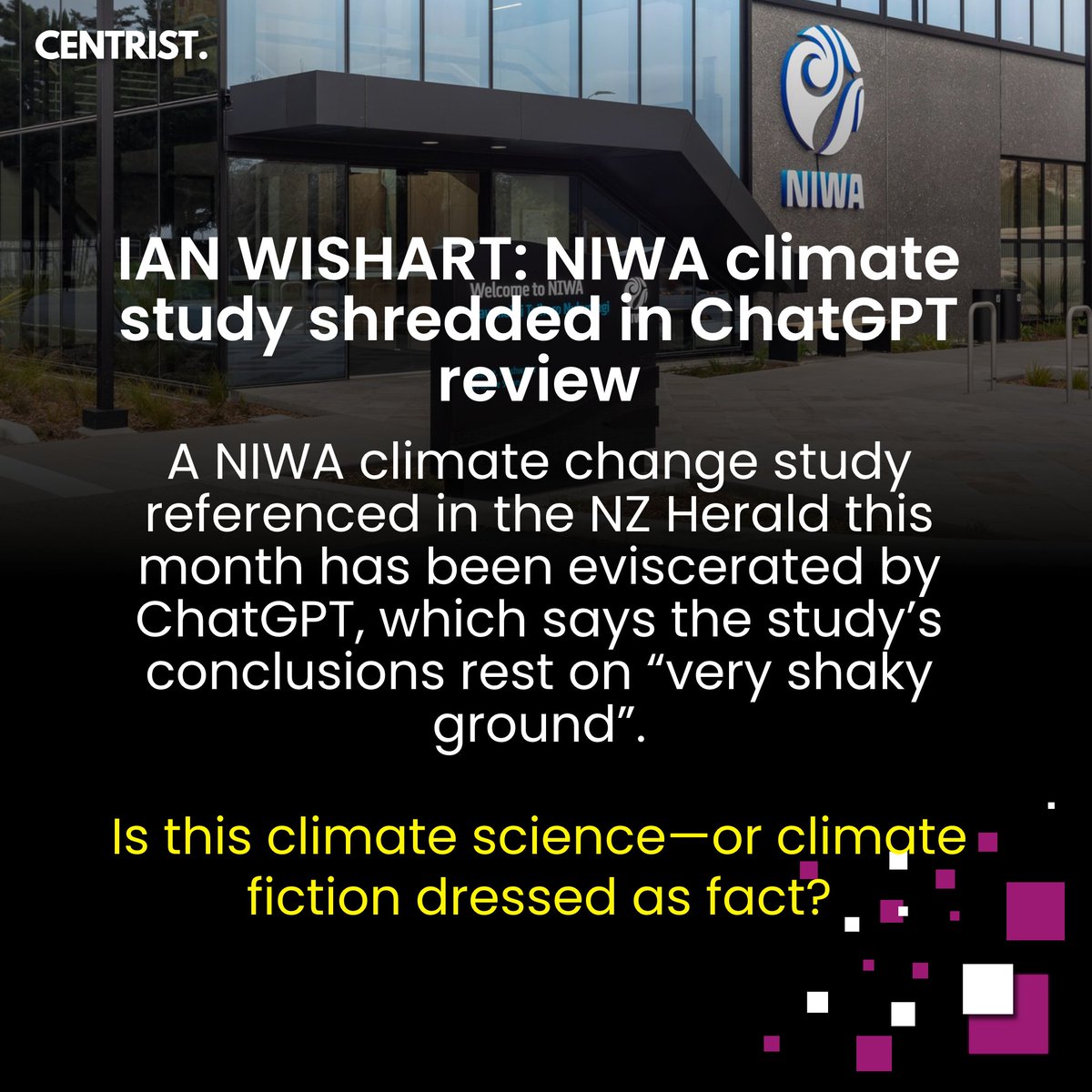 centrist_nz's tweet image. NIWA climate study slammed by ChatGPT for flawed data, historic gaps, and shaky claims about extreme temperatures rising 5x more often.
Read More: zurl.co/ub0zg