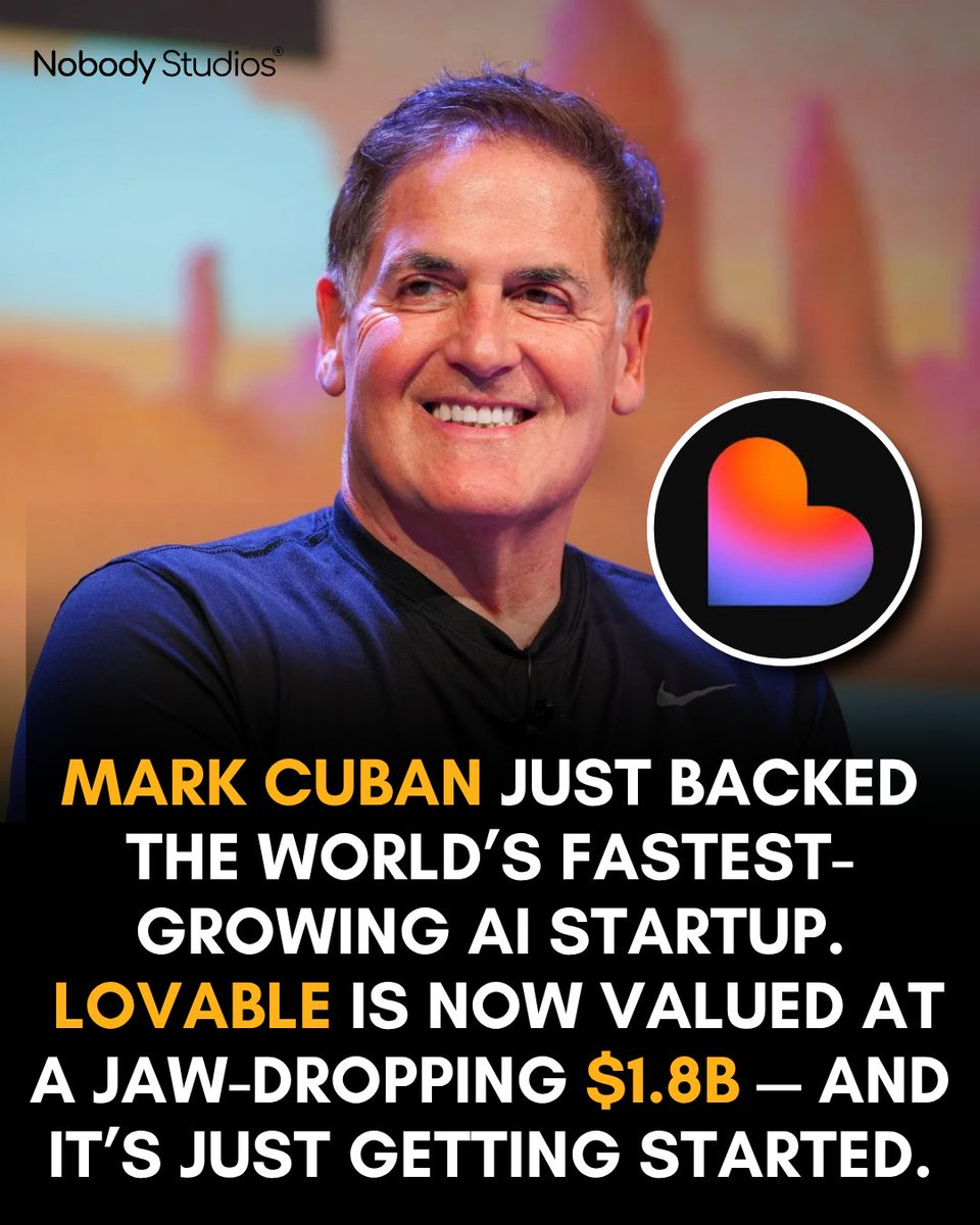 🚨 8 months. $1.8B valuation.

Lovable just raised $200M in one of Europe’s largest funding rounds ever — led by Accel, with angel investors like Mark Cuban on board.

Follow <a href="/nobodycrowd/">Nobody Studios</a> for more AI updates

#Lovable #MarkCuban #NobodyStudios