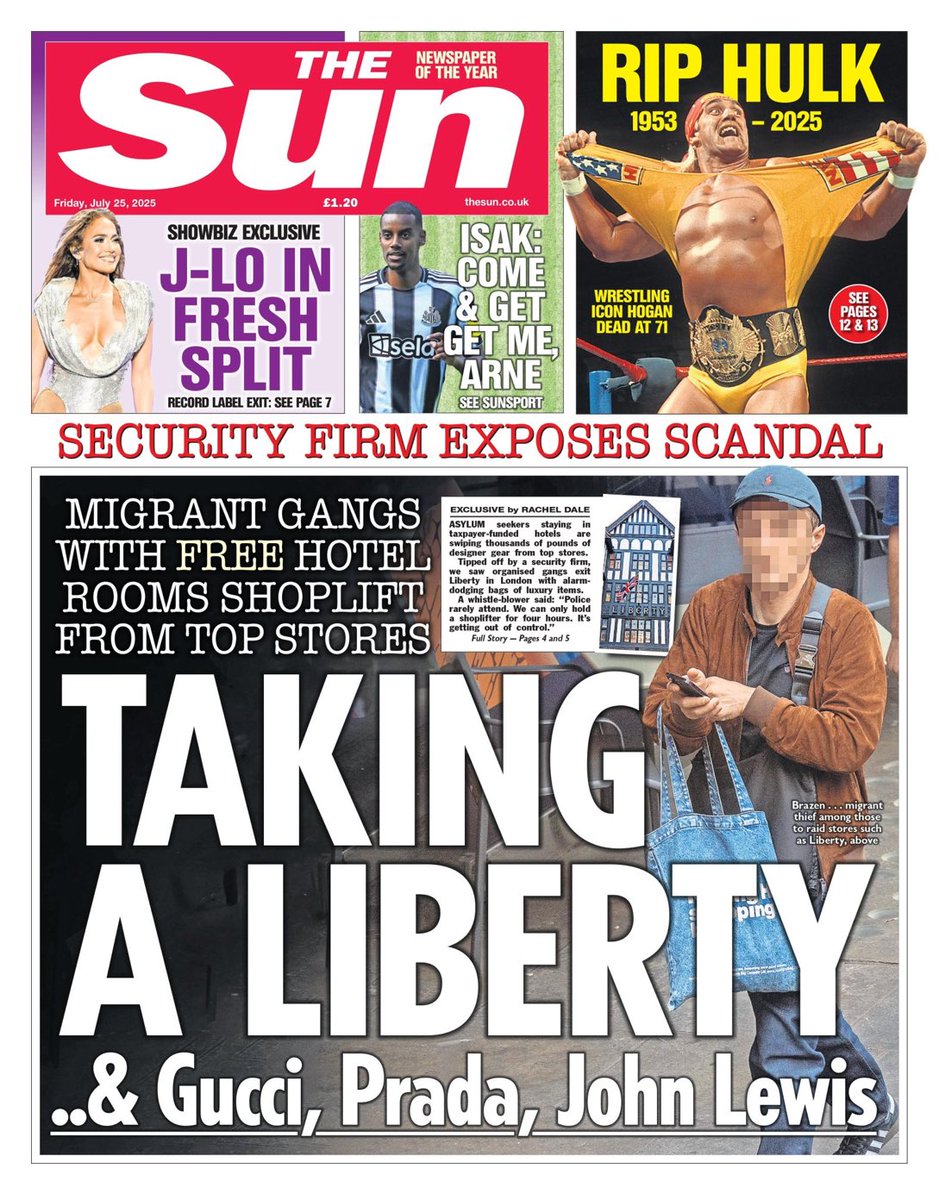 WithyGrove's tweet image. The Sun ๐ฌ๐ง: Migrant gangs with FREE hotel rooms shoplift from top stores. #MigrantCrisis #Starmer #Starmergeddon #YvetteCooper #TomorrowsPapersToday @LibertyLondon