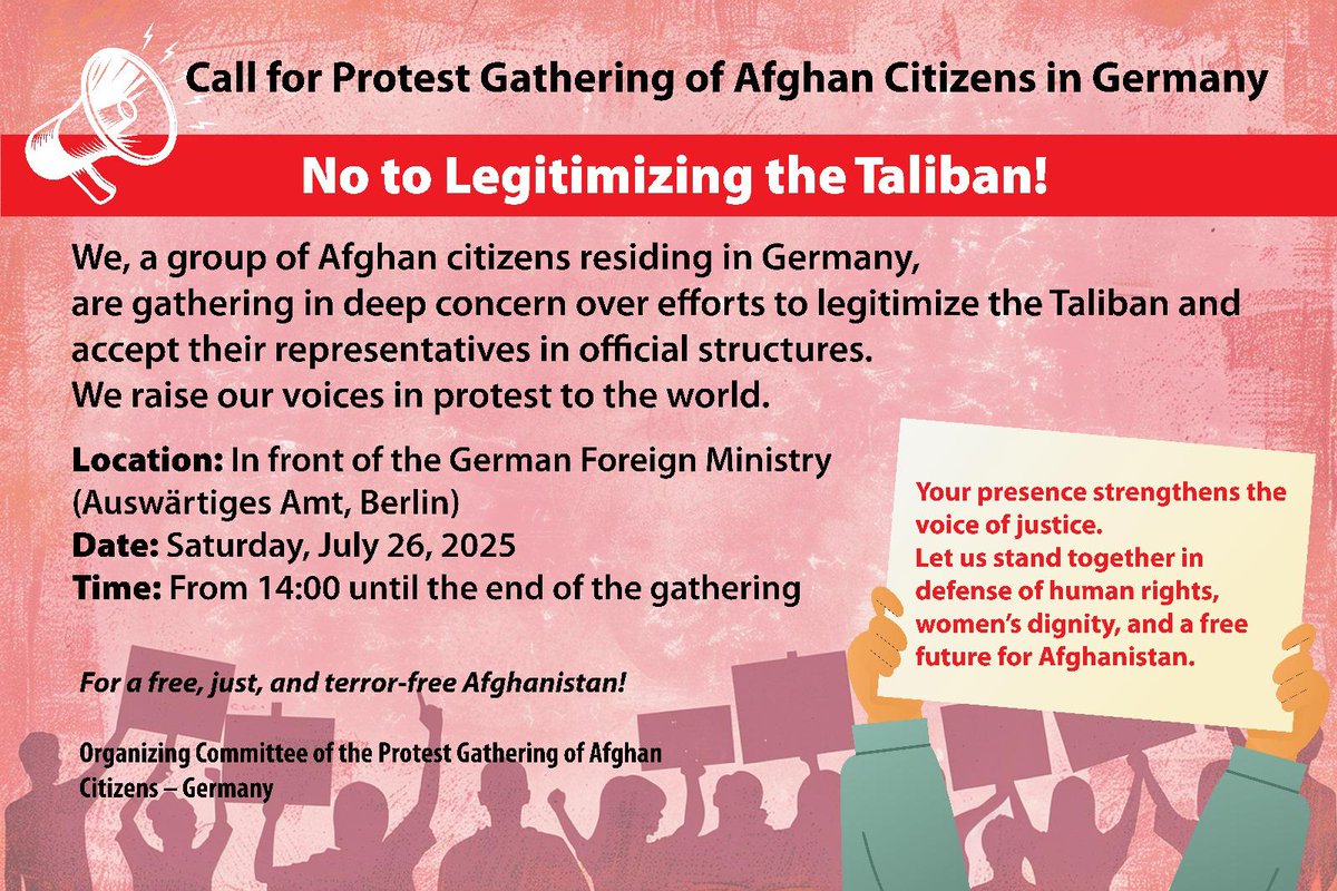 haidari_batool's tweet image. فراخوان گردهمایی اعتراضی شهروندان افغانستان در آلمان
#DontRecognizeTaliban
ما جمعی از شهروندان افغانستان مقیم آلمان با نگرانیاز تلاشها برای مشروعیت بخشی به گروه طالبان و پذیرش نمایندگان آنها در ساختارهای رسمی گردهم میاییم تا صدای اعتراض را به گوش جهانیان برسانیم.