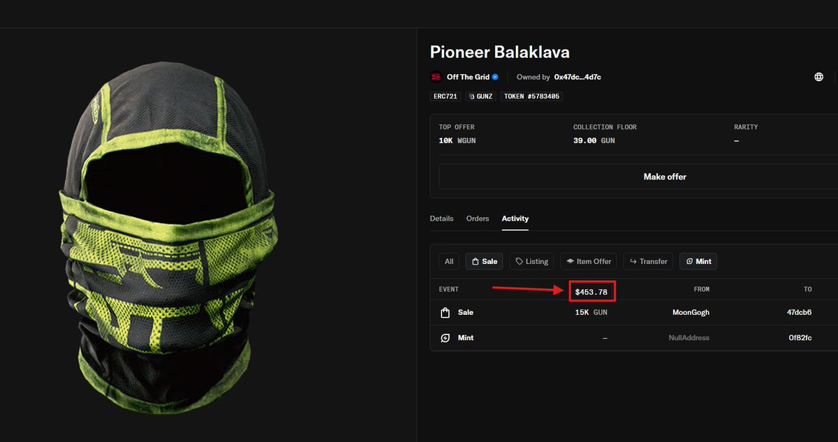 SamsClubChad's tweet image. Pioneer Balaklava sold for 15K GUN ($450). Congrats to both the buyer and seller!👏
