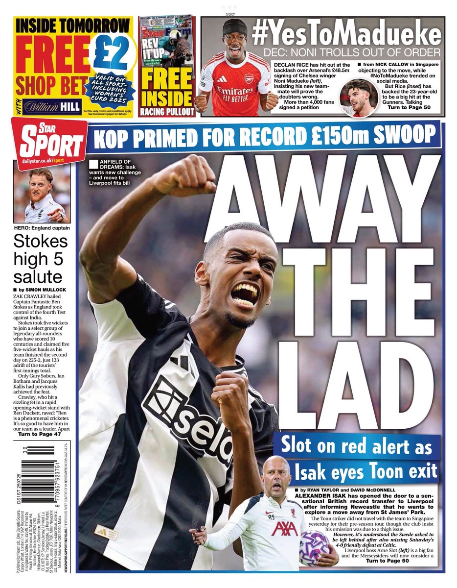 sentinelcurrent's tweet image. #TomorrowsPapersToday - Daily Star Sport
Kop primed for record £150m swoop. Away the Lad. Slot on red alert as Isak eyes Toon exit by Alexander Taylor.
dailystar.co.uk