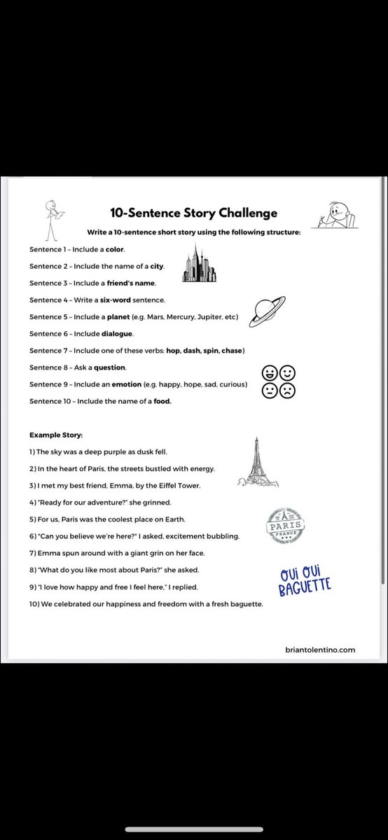 10-Sentence Story Challenge (Beginner)

Link: briantolentino.com/10-sentence-st…