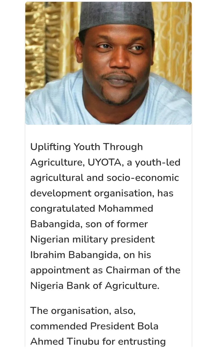 uyotaayasummit's tweet photo. UYOTA in a statement signed by its Co-founder, Prince Nnamdi Richie Adigwe, said Babangida’s appointment comes at a critical time when Nigeria’s food systems and rural economy urgently requires visionary leadership,inclusive policies, and innovative financial solutions.
#uyota https://t.co/BLKjVKqkLb