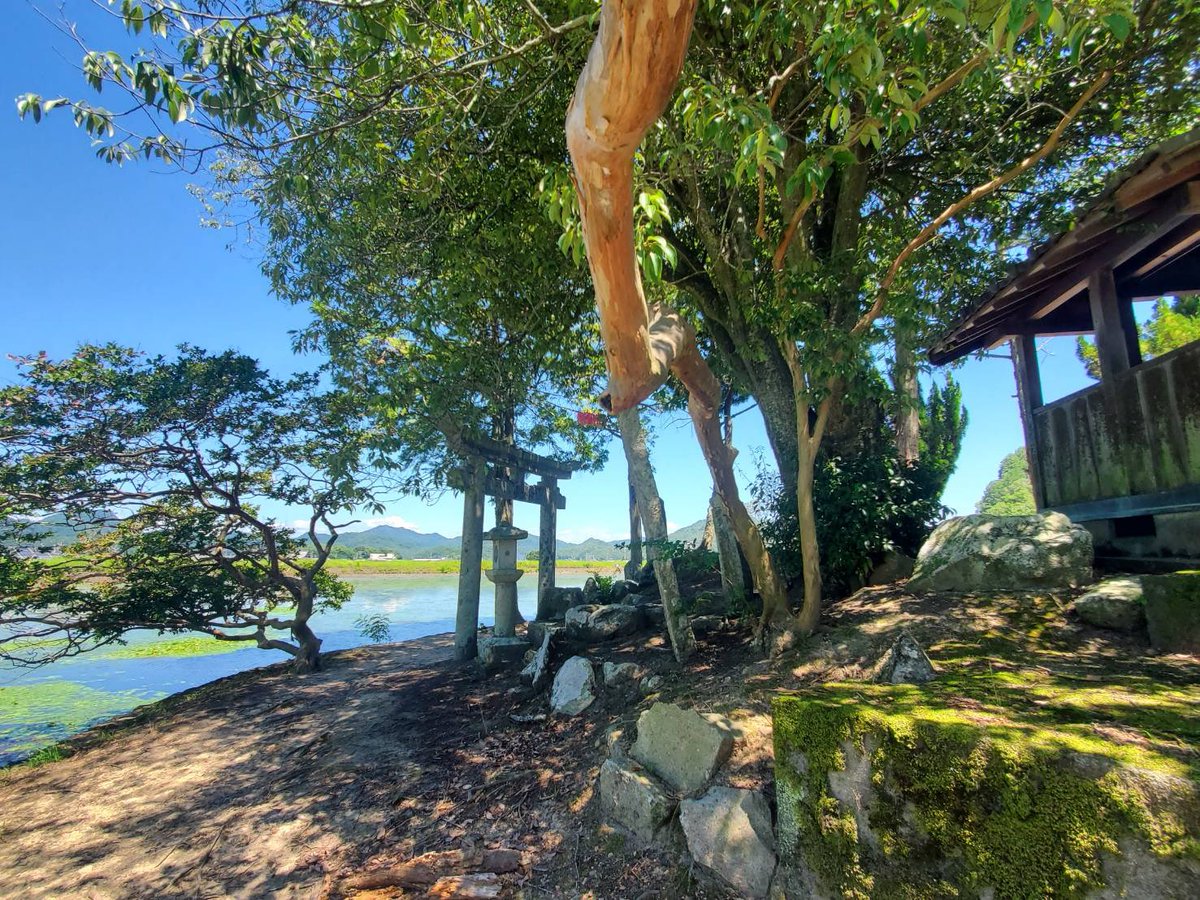 k_tamago_power's tweet image. 【須濱神社(洲濱神社)】
元和3年(1617)林田藩祖・建部政長が干害対策として水路とともに築いた西池(鴨池)は、林田八景の一つなんだそうで⛩️✨その際に須濱形の小島を築き「市杵島姫神(いちきしまひめのかみ)」を祀ったといわれるのだそう😊