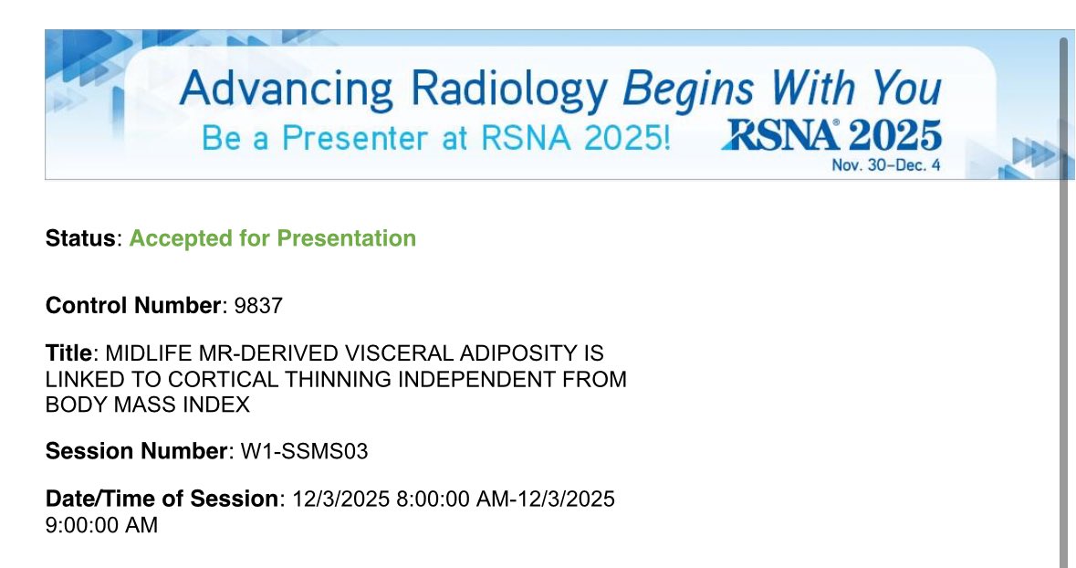 Thank you <a href="/RSNA/">RSNA</a> for selecting my abstract for oral presentation at #RSNA25! Fingers crossed I can make it to Chicago during my night float rotation!
