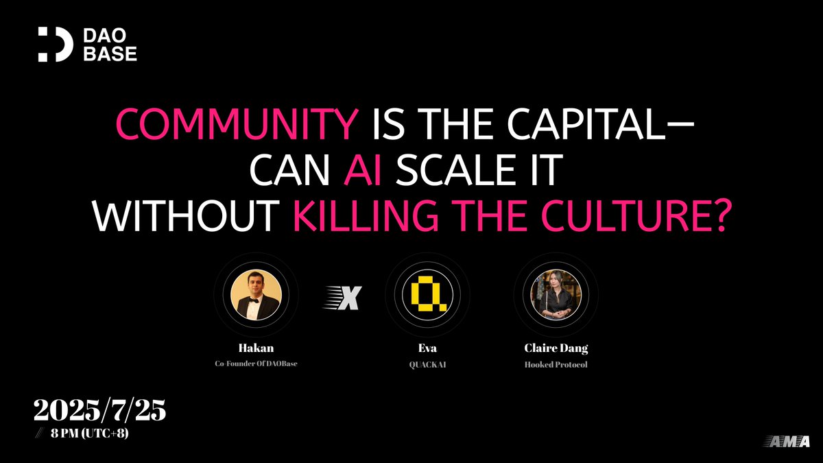daobase_ai's tweet image. 🎙️ COMMUNITY IS THE CAPITAL

Can AI supercharge communities without losing the culture that makes them unique?

This Friday, we’re diving deep with builders and thinkers shaping the future of AI and Web3 communities. If you’re curious about where culture meets AI, you won’t want…