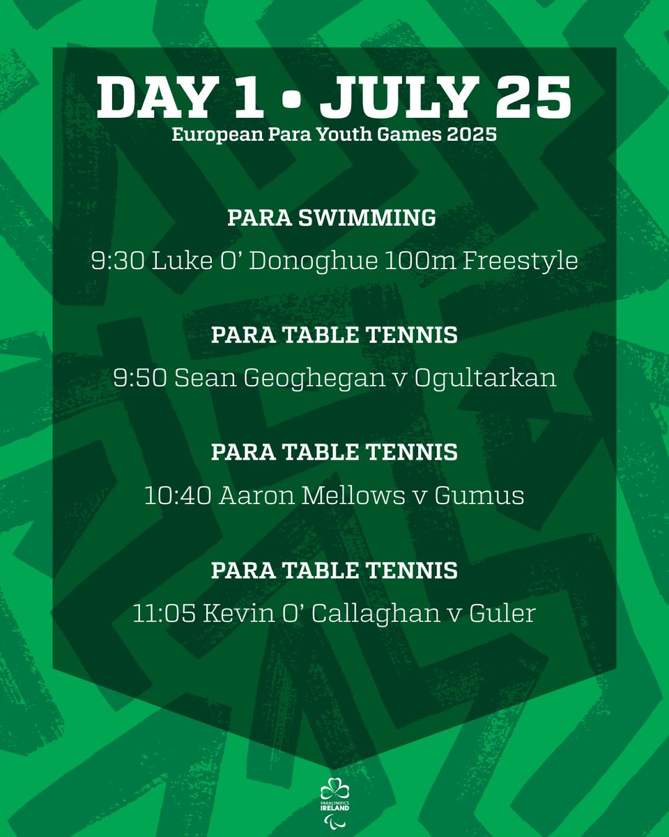 ParalympicsIRE's tweet image. ๐๐๐ ๐ - ๐๐๐๐ โ๏ธ
A jam packed schedule to kick off the European Para Youth Games for Team Ireland!
LETโS GO ๐ฅ
(Times are local time, Turkey)
#TeamIreland