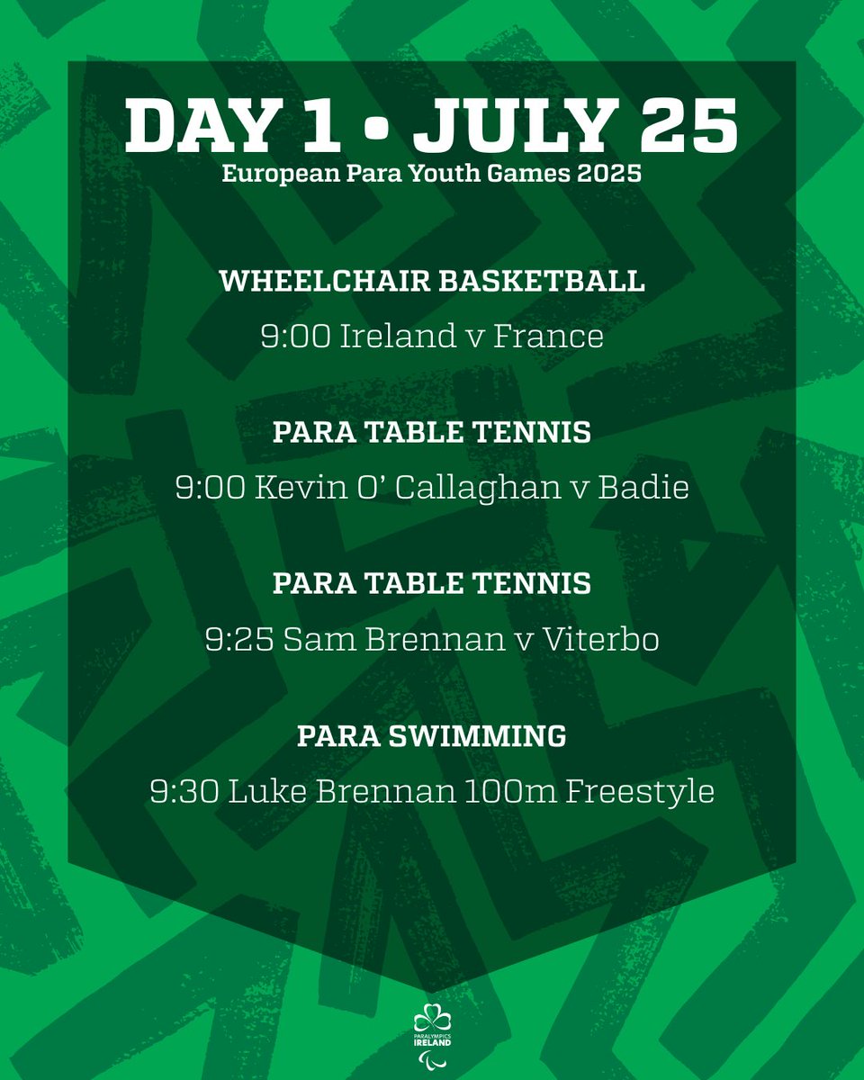 ParalympicsIRE's tweet image. ๐๐๐ ๐ - ๐๐๐๐ โ๏ธ
A jam packed schedule to kick off the European Para Youth Games for Team Ireland!
LETโS GO ๐ฅ
(Times are local time, Turkey)
#TeamIreland
