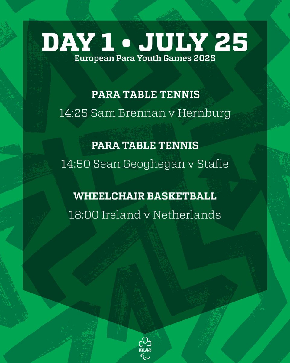 ParalympicsIRE's tweet image. ๐๐๐ ๐ - ๐๐๐๐ โ๏ธ
A jam packed schedule to kick off the European Para Youth Games for Team Ireland!
LETโS GO ๐ฅ
(Times are local time, Turkey)
#TeamIreland