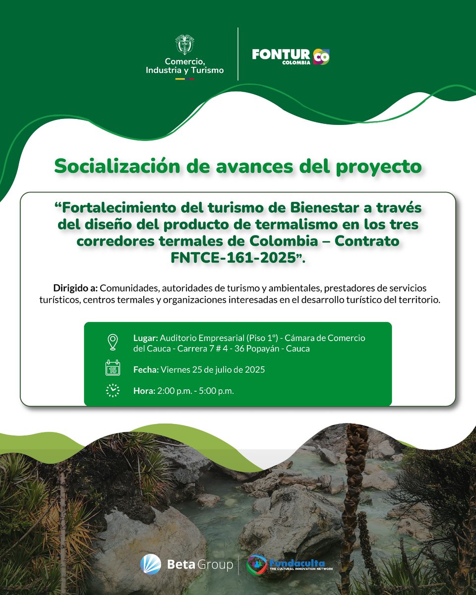 ¡Sé parte del fortalecimiento del turismo de bienestar en #ElPaísDeLaBelleza! 

Te invitamos a la jornada de socialización de avances del proyecto de turismo termal, una iniciativa que busca diseñar productos turísticos en los tres corredores termales del país.

📍 Popayán -