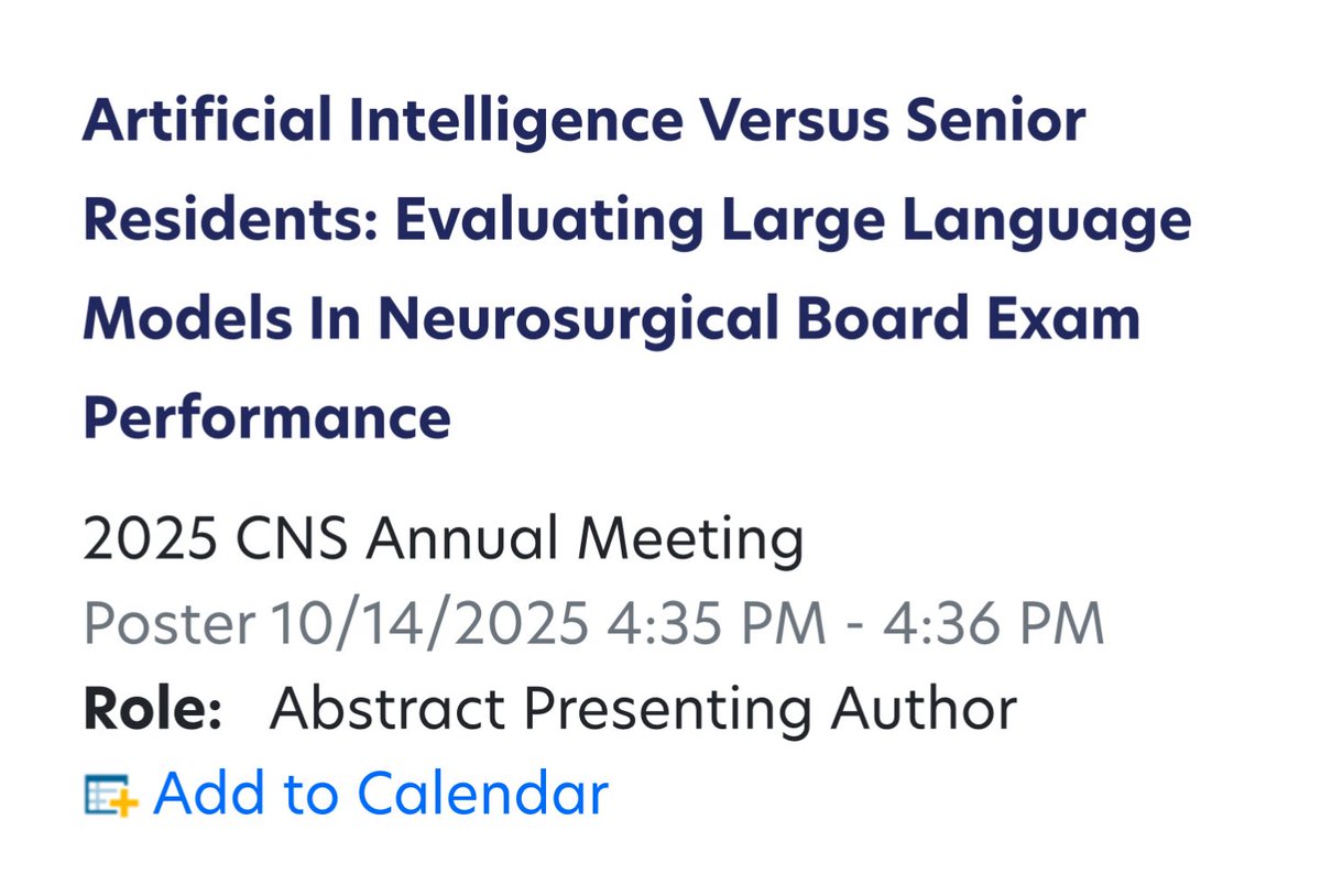 Kivanc Yangi, M.D. (@drkivancyangi) on Twitter photo Excited to present our work at the 2025 CNS Annual Meeting! <a href="/CNS_Update/">CNS</a> 
🧠 Artificial Intelligence vs. Senior Residents: Evaluating Large Language Models in Neurosurgical Board Exam Performance
📍 Printed Poster Presentation
📅 October 14 | 
#Neurosurgery #AI #CNS2025 Excited to present our work at the 2025 CNS Annual Meeting! <a href="/CNS_Update/">CNS</a> 
🧠 Artificial Intelligence vs. Senior Residents: Evaluating Large Language Models in Neurosurgical Board Exam Performance
📍 Printed Poster Presentation
📅 October 14 | 
#Neurosurgery #AI #CNS2025