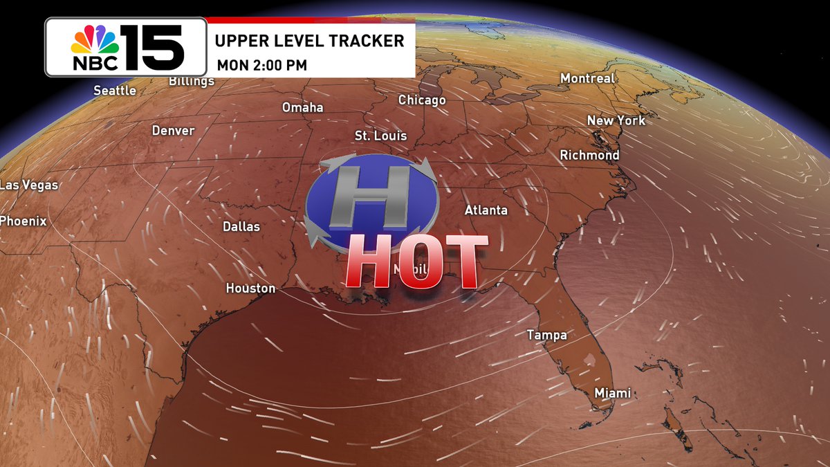 Kelly_WPMI's tweet image. High rain chances will keep temps in check again tomorrow, however, as high pressure builds this weekend, so will the temps 🥵. By early next week, we'll see highs in the mid to upper 90s with heat index values that could approach 115° 🔥. @mynbc15
mynbc15.com/weather
