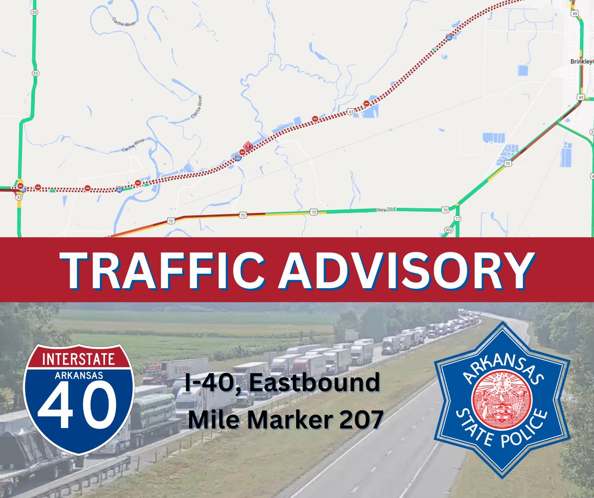 ARStatePolice's tweet image. *TRAFFIC ALERT*
ASP Troop D is currently working a 4-vehicle crash involving semis on I-40 Eastbound, at MM 207. There's a fatality & two vehicles on fire from an explosion. All lanes of traffic are backed up and being rerouted to Hwy. 70 & Hwy. 64.
Visit: idrivearkansas.com