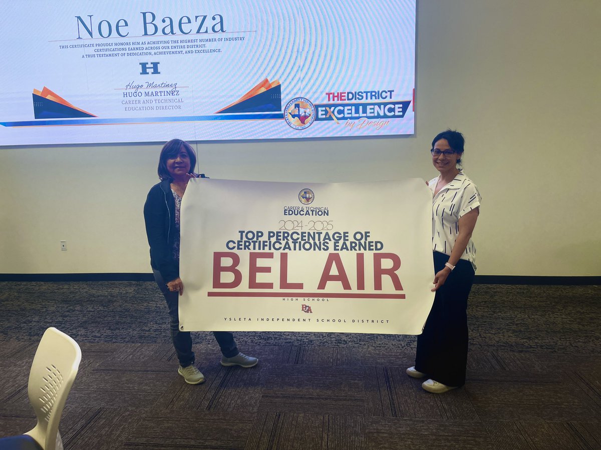 Ysleta ISD CTE (@ysletaisdcte) on Twitter photo Congratulations Bel Air HS, officially named our 24–25 CTE Top Percentage of Certifications Earned! 🏆 Our District leads the region in total certifications earned in our region! <a href="/YsletaISD/">Ysleta ISD</a> <a href="/BelAirHigh/">Bel Air HS</a> <a href="/BrendaChR1/">Brenda Chacon-Robles, Ed.D.</a> <a href="/ESCRegion19/">ESC-Region 19</a> <a href="/texascte/">CTAT</a> Congratulations Bel Air HS, officially named our 24–25 CTE Top Percentage of Certifications Earned! 🏆 Our District leads the region in total certifications earned in our region! <a href="/YsletaISD/">Ysleta ISD</a> <a href="/BelAirHigh/">Bel Air HS</a> <a href="/BrendaChR1/">Brenda Chacon-Robles, Ed.D.</a> <a href="/ESCRegion19/">ESC-Region 19</a> <a href="/texascte/">CTAT</a>