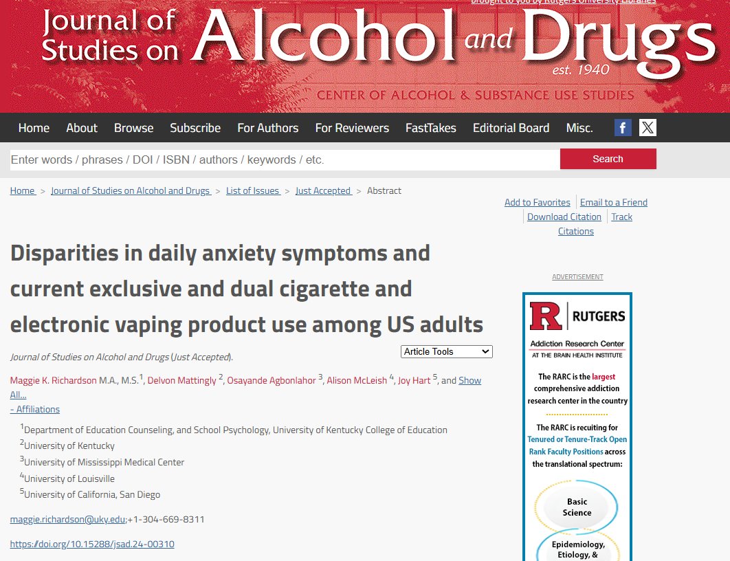 JSADJournal's tweet image. Disparities in daily anxiety symptoms and current exclusive and dual cigarette and electronic vaping product use among US adults (new in @JSADjournal)
@ResearchKY @UofLEnvirome @CHET_UKY @UMMCMedicine @UofLComm @UKCollegeofEd @uoflpsych
jsad.com/doi/abs/10.152…