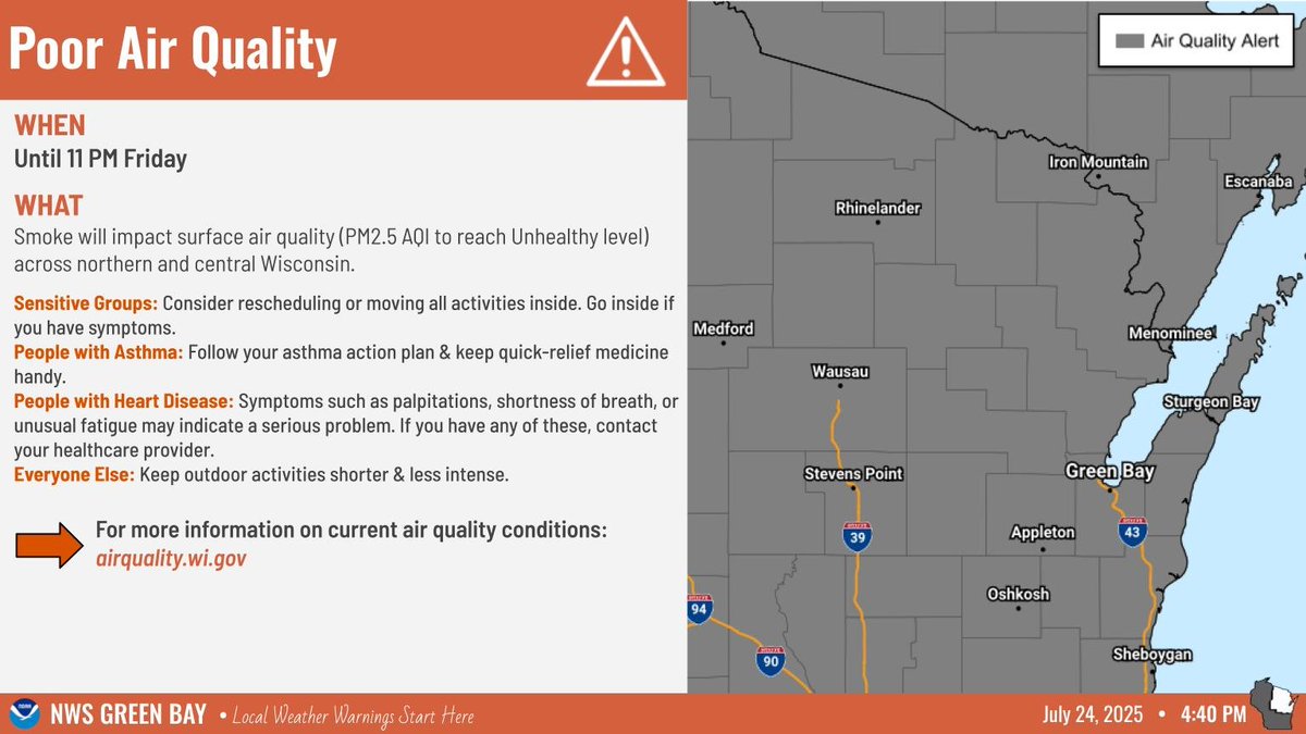 NWSGreenBay's tweet image. An Air Quality Advisory has been issued until 11 pm Friday, but  primarily for Friday due to smoke from fires in Canada becoming surface based and causing some air quality concerns for sensitive groups.  #wiwx