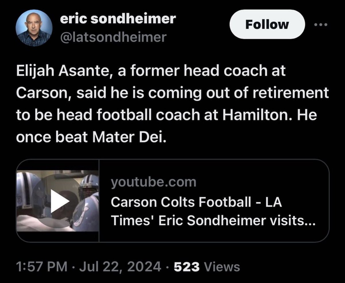 Elijah Asante (@coachelijah) on Twitter photo I’ve been out of retirement for 1 year! <a href="/latsondheimer/">eric sondheimer</a> <a href="/Mr_MicahB22/">Micah Butler</a> <a href="/mlbutler52/">Michael Butler</a> <a href="/TBreaux22/">Thaddeus Breaux</a> <a href="/UTRScouting/">Under the Radar</a> <a href="/GregBiggins/">Greg Biggins</a> <a href="/SSchraderOn3/">Scott Schrader</a> <a href="/gmartlive/">Gerard Martinez</a> <a href="/adamgorney/">Adam Gorney</a> <a href="/BlairAngulo/">Blair Angulo</a> <a href="/LACitySection/">City Section News</a> <a href="/LincolnRiley/">Lincoln Riley</a> <a href="/CoachDanLanning/">Dan Lanning</a> <a href="/DeShaunFoster26/">DeShaun Foster</a> I’ve been out of retirement for 1 year! <a href="/latsondheimer/">eric sondheimer</a> <a href="/Mr_MicahB22/">Micah Butler</a> <a href="/mlbutler52/">Michael Butler</a> <a href="/TBreaux22/">Thaddeus Breaux</a> <a href="/UTRScouting/">Under the Radar</a> <a href="/GregBiggins/">Greg Biggins</a> <a href="/SSchraderOn3/">Scott Schrader</a> <a href="/gmartlive/">Gerard Martinez</a> <a href="/adamgorney/">Adam Gorney</a> <a href="/BlairAngulo/">Blair Angulo</a> <a href="/LACitySection/">City Section News</a> <a href="/LincolnRiley/">Lincoln Riley</a> <a href="/CoachDanLanning/">Dan Lanning</a> <a href="/DeShaunFoster26/">DeShaun Foster</a>