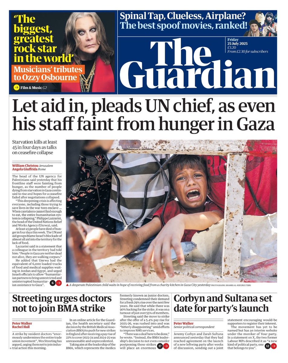 WithyGrove's tweet image. The Guardian ๐ฌ๐ง : Let aid in, pleads UN chief, as even his staff faint from hunger in Gaza.
#Palestine #GazaStarving #TomorrowsPapersToday #Trump #Starmer #Netanyahu