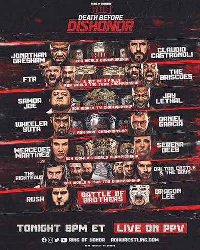 RINGOFHONORUK's tweet photo. This Month / 2022

- Death Before Dishonor  -

The first PPV under the ownership of Tony Khan.

World Tag Team Two Out Of Three Falls  
FTR (c) vs The Briscoes

TV Title
Samoa Joe (c) vs Jay Lethal

World title 
Jonathan Gresham (c) vs Claudio Castagnoli
+ More.

#ROH #ROHDBD https://t.co/mpKEIq60Xj