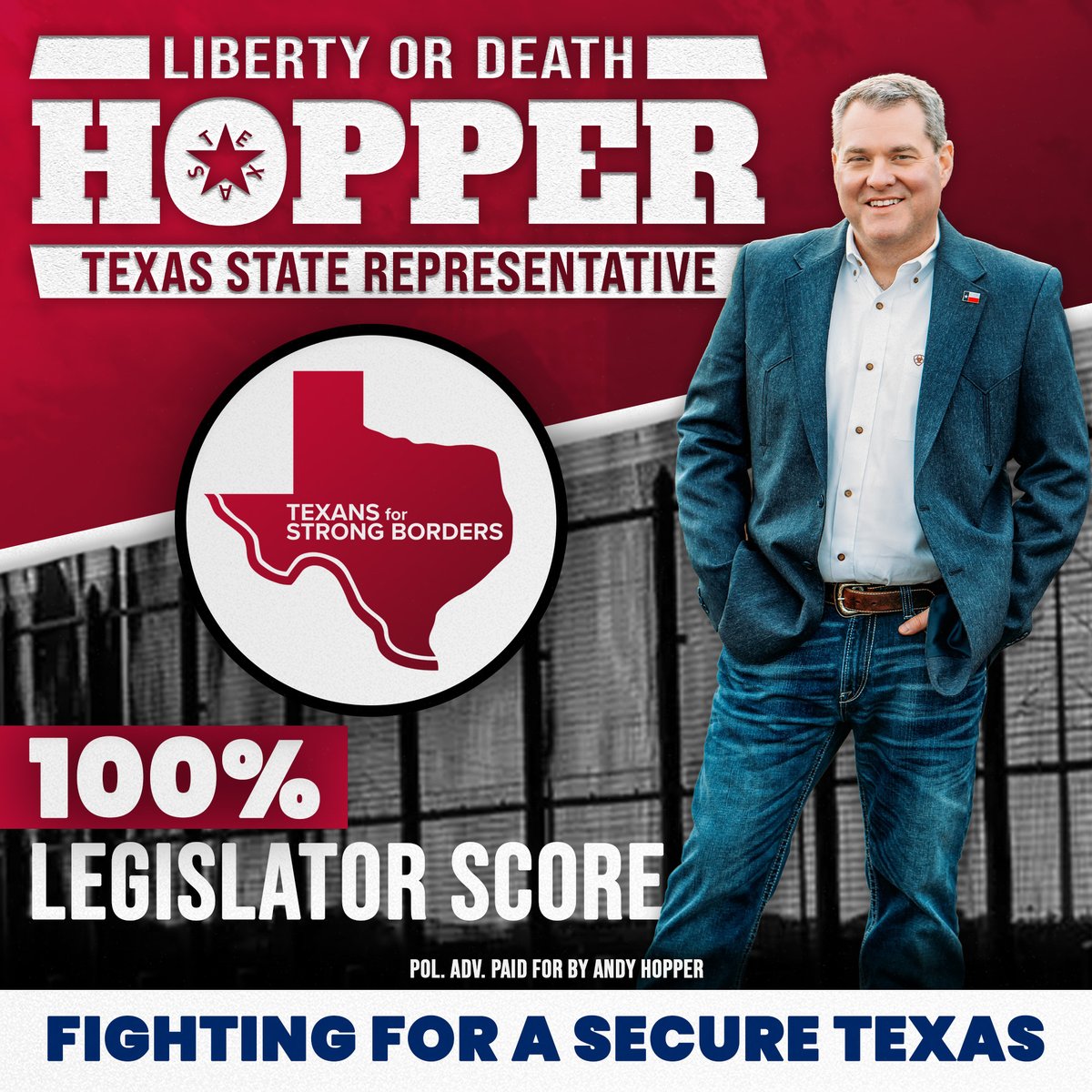 Andy Hopper (@andyhoppertx) on Twitter photo Proud to have received a 100% legislator score from <a href="/StrongBordersTX/">Texans for Strong Borders</a>:
“Hopper filed a bill to consolidate the Texas Border
Mission under the Texas State Guard, creating a
Border Protection Unit and a Special Missions Unit
that could perform counter-cartel operations. This
was Proud to have received a 100% legislator score from <a href="/StrongBordersTX/">Texans for Strong Borders</a>:
“Hopper filed a bill to consolidate the Texas Border
Mission under the Texas State Guard, creating a
Border Protection Unit and a Special Missions Unit
that could perform counter-cartel operations. This
was
