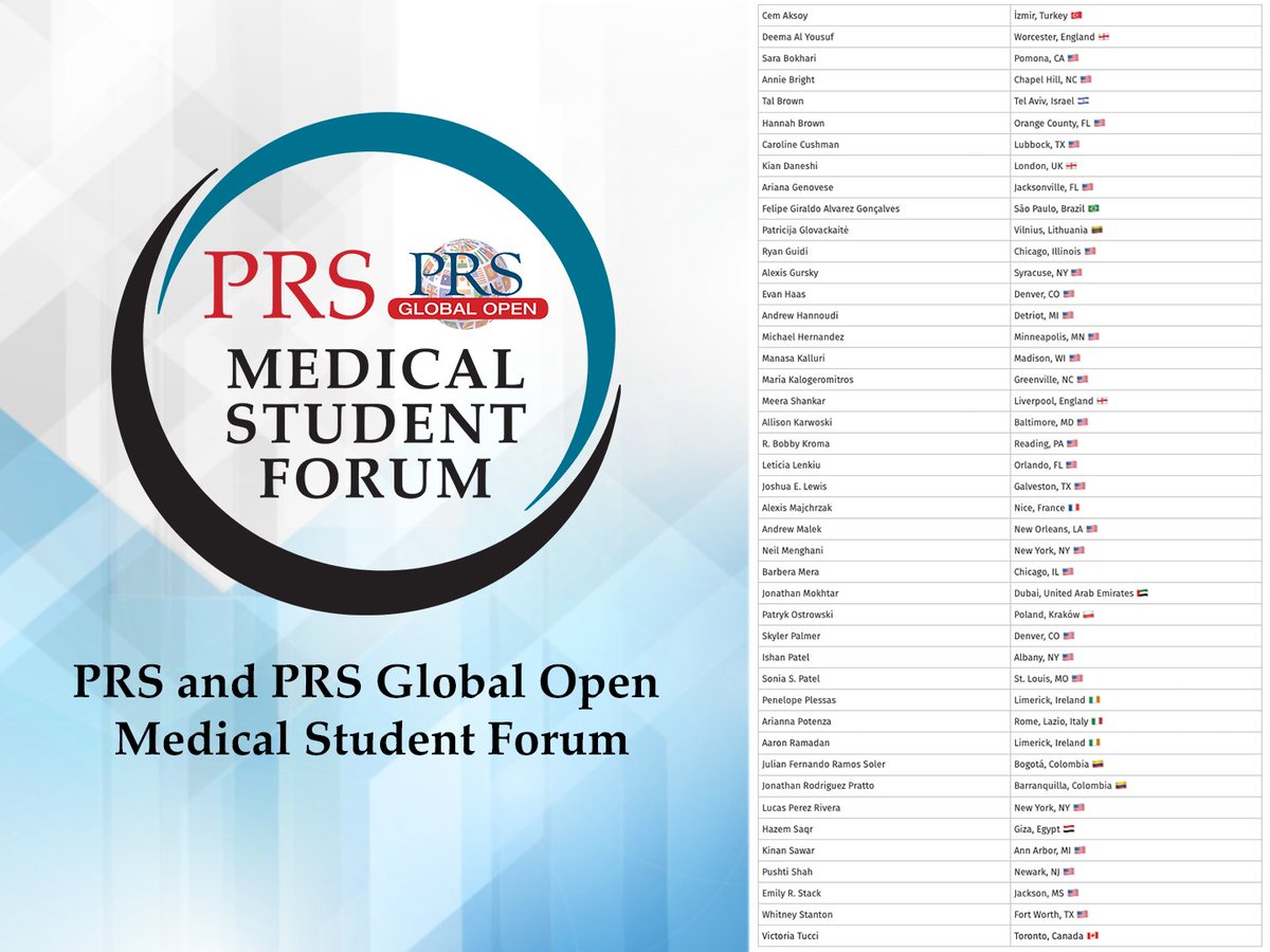 prsjournal's tweet image. Congratulations to the NEW members of the #PRSJournal and @PRSGlobalOpen Medical Student Forum! 

If you&apos;re a medical student interested in plastic surgery and looking to get involved with PRS and PRS Global Open, click the link below: l8r.it/IWjx