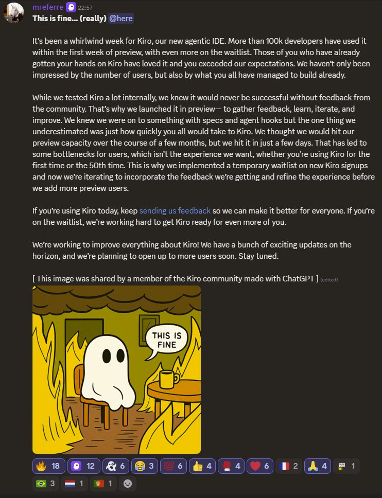 There's a new announcement on Kiro's Discord server. It's too long to share in text form for me, so just the image.

You can join official Discord at discord.gg/kirodotdev